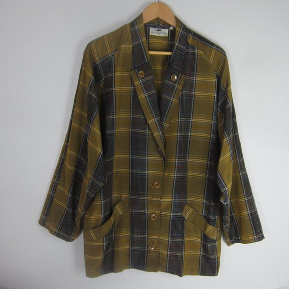 Vtg Ziegfield Le Follie Di Womens M Gold Plaid LS Blazer Jacket Oversized Italy - Picture 2 of 12